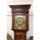 18th Century walnut longcase clock, the square brass 10in dial with Arabic and Roman numerals with