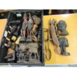 Box containing a quantity of various African souvenir carved hardwood figures and busts