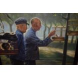 20th Century Chinese oil on canvas, elderly gentleman feeding a bird, indistinctly signed, 19ins x