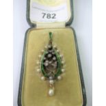 Small good quality Edwardian pendant set with old cut diamonds, pearls and green enamel