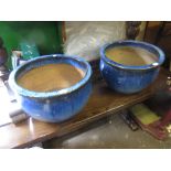 Pair of blue drip glazed terracotta garden planters, 12ins high x 20ins diameter each