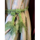Pair of large pale green and beige striped fabric curtains, approximately 8ft drop