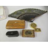 19th Century wooden snuff box with hinged lid, another small 19th Century snuff box and sundries