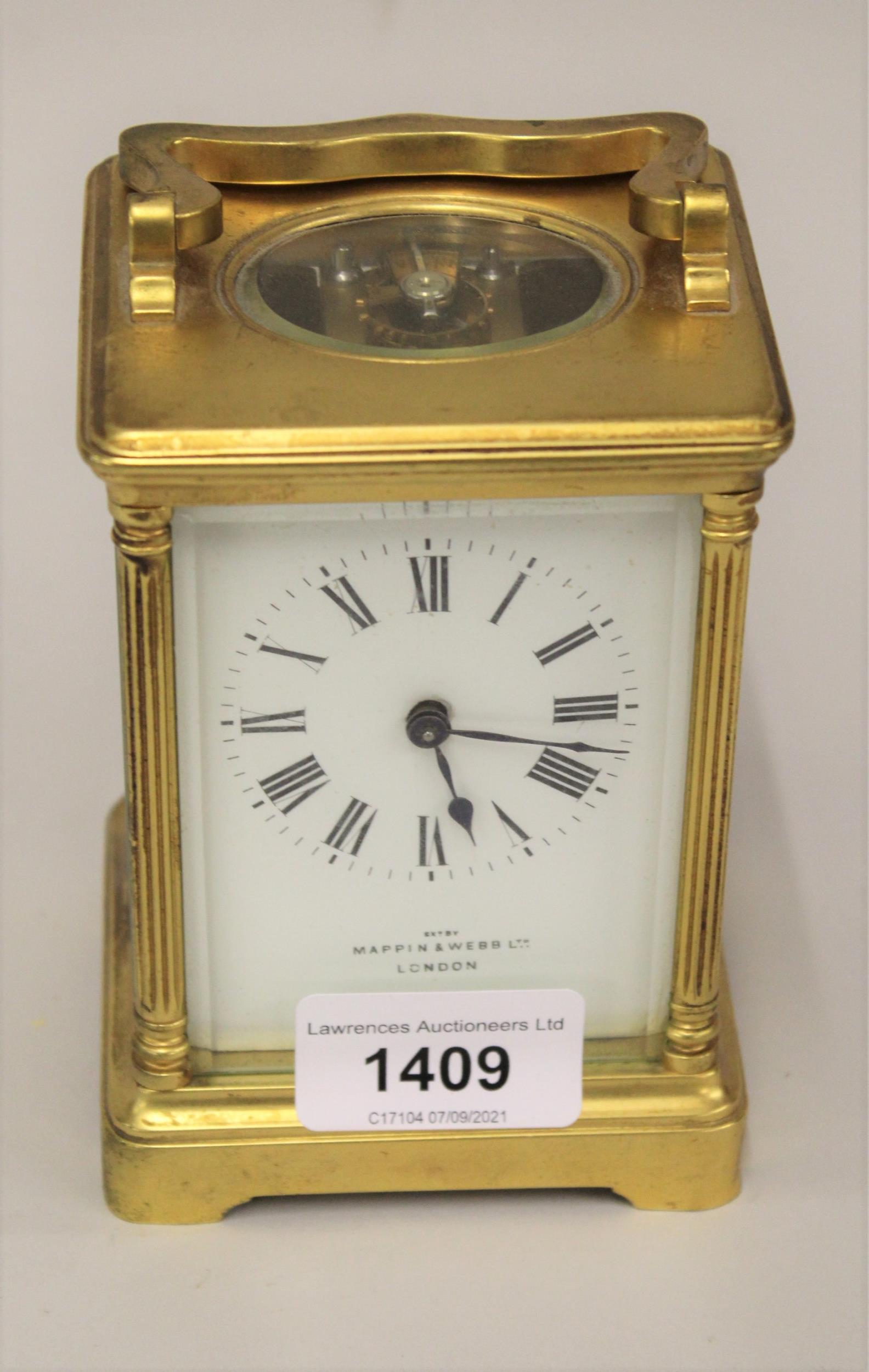 Good quality Mappin & Webb gilt brass carriage clock, the enamel dial with Roman numerals, 6.5ins