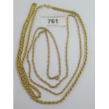9ct Gold rope link chain, 24ins together with a similar chain, 23ins 13.4g