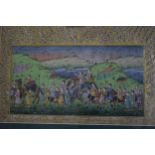 Indian watercolour study, a procession of figures and animals, 7ins x 11ins, gilt framed together