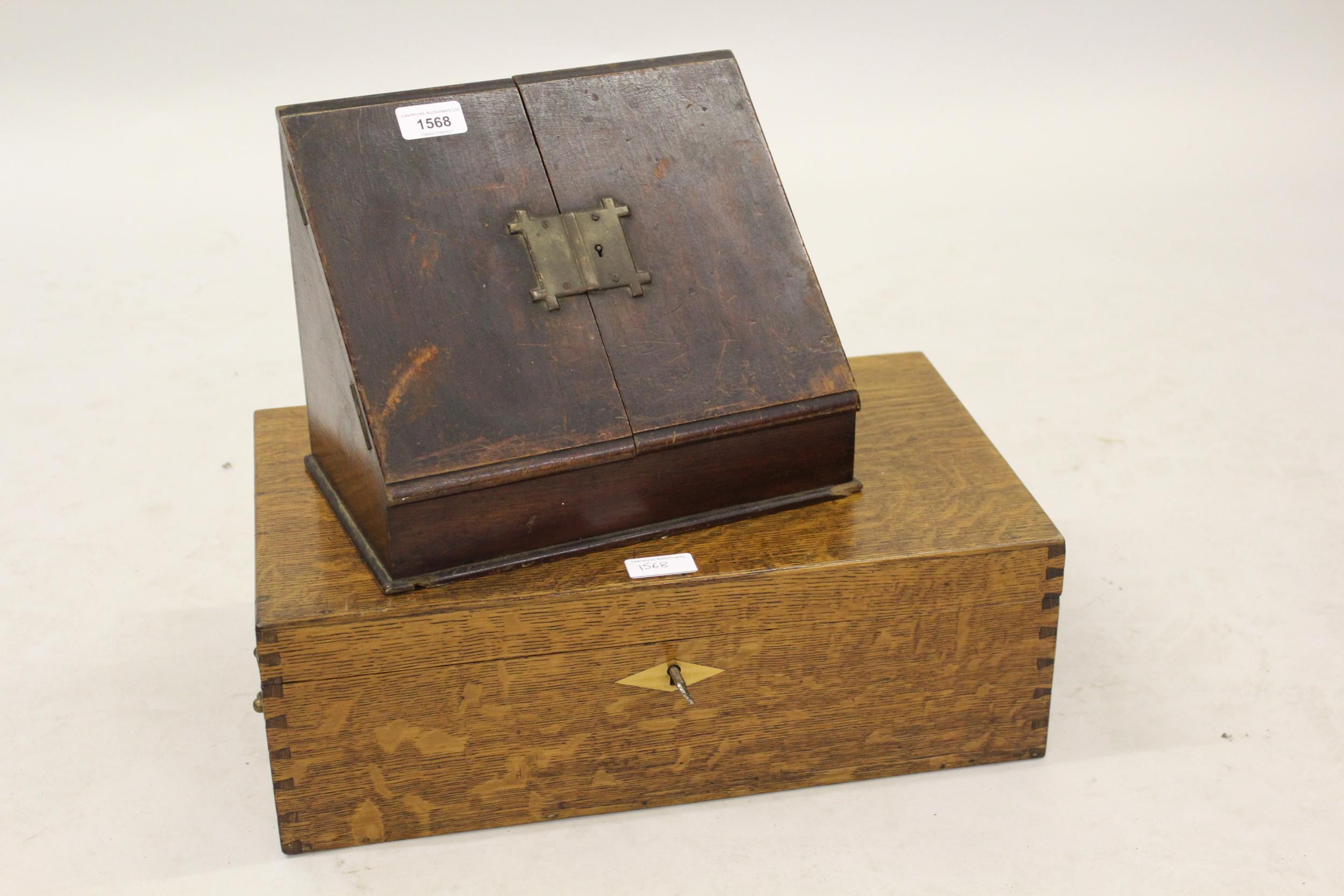 Late 19th / early 20th Century stationery box, the sloping front with hinged doors enclosing