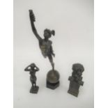 Small dark brown patinated bronze figure of Mercury, 9.5ins high together with a brown patinated