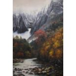 Large modern Chinese acrylic on canvas, mountainous rocky river scene, dated 2003, signed with