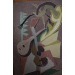 Oil on board, abstract study with musical instruments, 17.5ins x 12ins