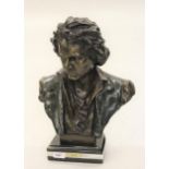 Late 20th Century bronze patinated bust of Beethoven on slate and marble plinth, after H. Muller