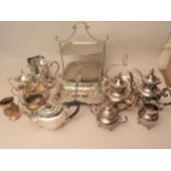 Wicker hamper containing a quantity of various silver plated teaware, swing handled basket and other