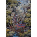 Balinese watercolour, figures and temple in a garden, signed Mawa, 23ins x 15ins, housed in a