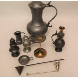 Pewter lidded jug and other miscellaneous small items of pewter and brassware