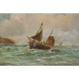 Thomas Bush Hardy, late 19th Century oil on canvas, fishing vessel in choppy waters with distant