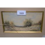 19th Century watercolour, landscape, 4ins x 7ins , gilt framed together with a small oval oil on