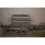 Coloured print ' Race for the Derby Stakes ' after Pollard, signed engraving, view of Florence and a