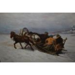 Two Russian oil paintings, figures on a horse drawn sleigh, monogrammed, and village by a river,