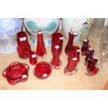 Thirteen items of Whitefriars Ruby glass including three Dilly ducks Small nibble to one base,
