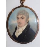 Nathaniel Plimmer, 1757-1822, watercolour portrait miniature of a man wearing a blue jacket and