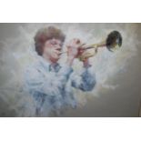 Dennis Frost, pastel drawing of a young man playing a trumpet, unsigned (Mall Galleries label