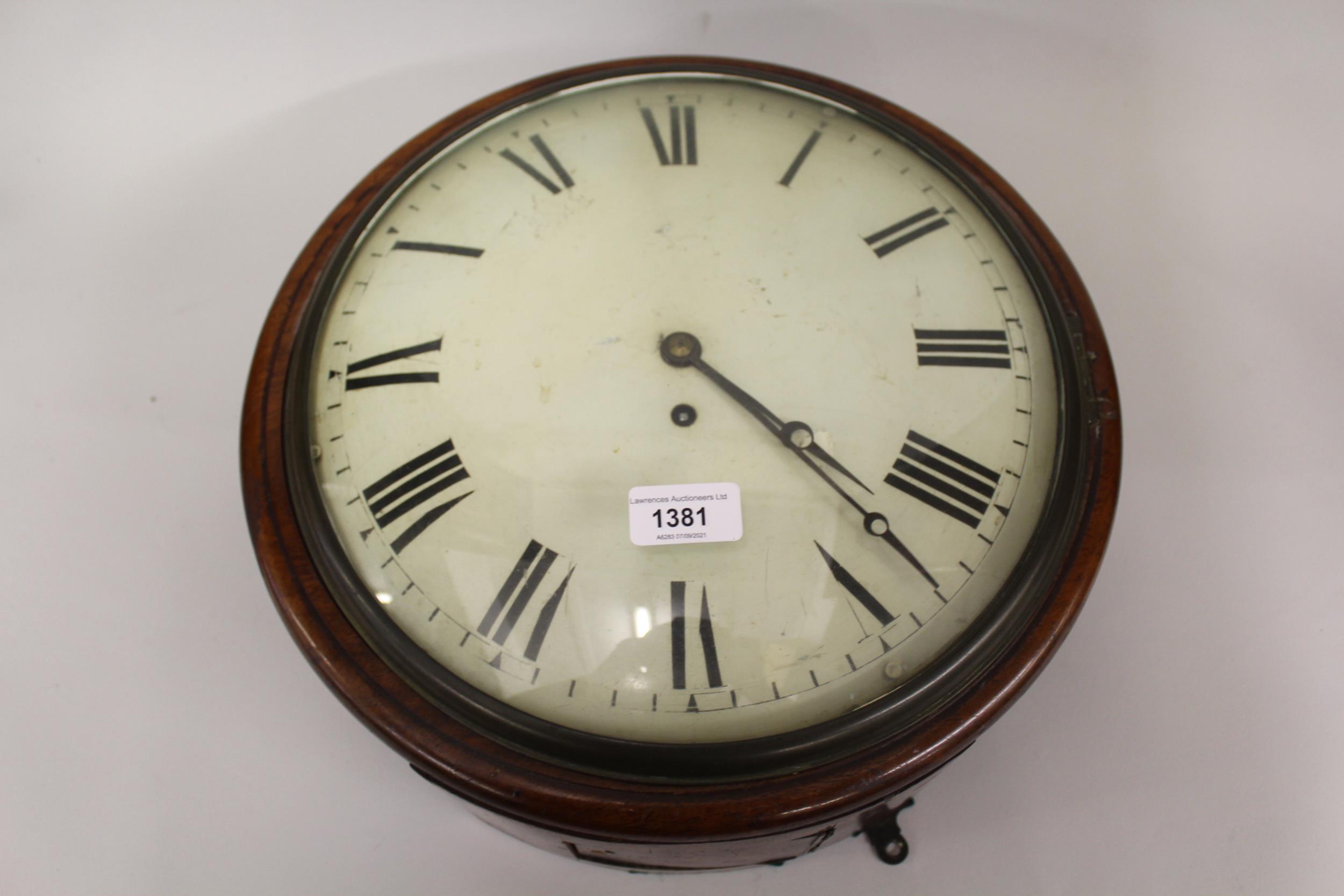 19th Century mahogany wall clock, the circular painted 12in convex dial with Roman numerals and