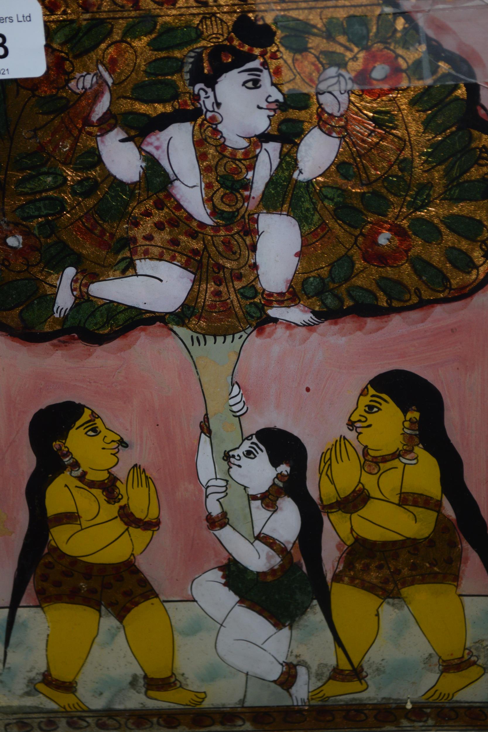 Indian reverse painted painting, figures (at fault) together with three other Indian watercolour