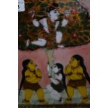 Indian reverse painted painting, figures (at fault) together with three other Indian watercolour
