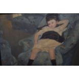 After Mary Cassett, oil on board, girl in a blue armchair, unsigned, 21.5ins x 27ins, in an oak