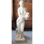 Weathered re-constituted stone figure of a classical maiden carrying an amphora on a plinth base,