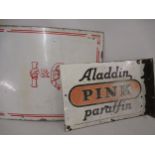 Enamel sign for Aladdin pink Paraffin and another, possibly for tea with Indian and China, 24ins x