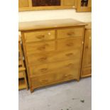 Modern sycamore bedroom chest, pair of matching bedside tables and headboard