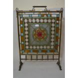 19th Century brass, leaded and coloured glass fire screen, mounted with cut glass and miniature