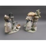 Lladro figure of a girl beside a pedestal holding a parasol (the parasol at fault), 11ins high