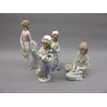 Group of four Lladro figure with baskets of flowers and a puppy, (one at fault)