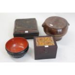 Chinese elm brass bound circular box and cover, a rectangular black japanned box and cover, black