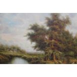 20th Century oil on board, extensive Alpine river landscape, signed Chapman, 24ins x 48ins, gilt