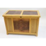 Modern elm linen chest stamped Treeline Cabinet Maker, the hinged lid enclosing a lift-out tray