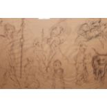 Attributed to Feliks Topolski, crayon and charcoal drawing, various figure studies, monogrammed,