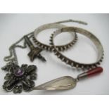 Filigree silver and amethyst pendant on chain, together with a filigree sword brooch, two silver