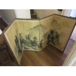 Oriental four fold screen with painted landscape decoration, signed with character marks