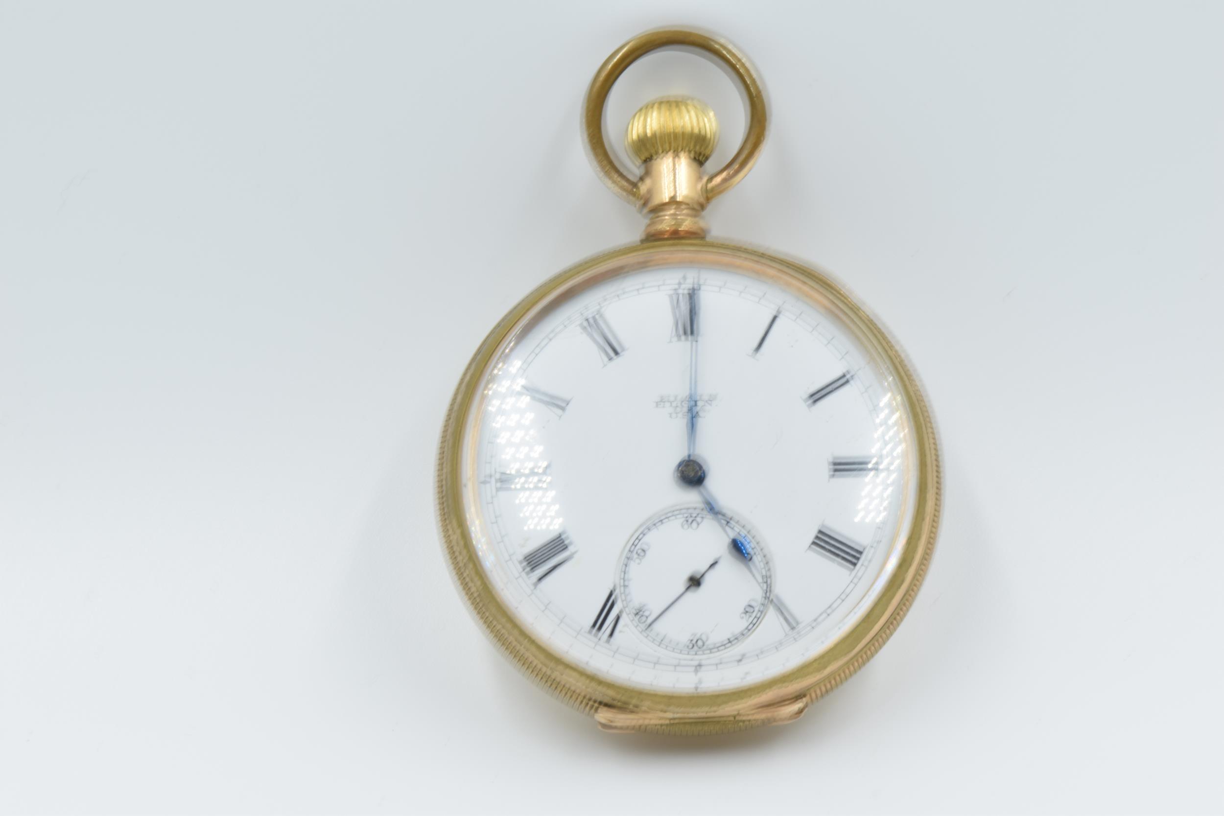 Gold plated open face pocket watch by Elgin, USA, the enamel dial with Roman numerals and subsidiary - Image 4 of 5