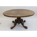 19th Century rosewood oval loo table with faceted column support, raised on carved cabriole supports