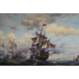 Modern oil on panel, a Naval engagement, 12ins x 16ins, gilt framed together with another similar,