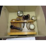 Burwood pipe with silver collar, three further pipes and three plated travel ashtrays