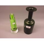 Holmegaard, green bottle vase, 10ins high together with a green and clear Studio glass vase