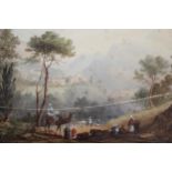 19th Century English school, watercolour, figures and a camel in an Eastern landscape, unsigned, 7.