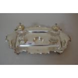 Victorian silver two bottle inkstand with presentation inscription, London 1853, 18.5oz excluding