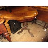 Victorian burr walnut shaped top fold-over card table, on carved column and tripod supports
