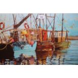 Martin Decent, artist signed Limited Edition coloured print, boats in a harbour, 18ins x 24ins,